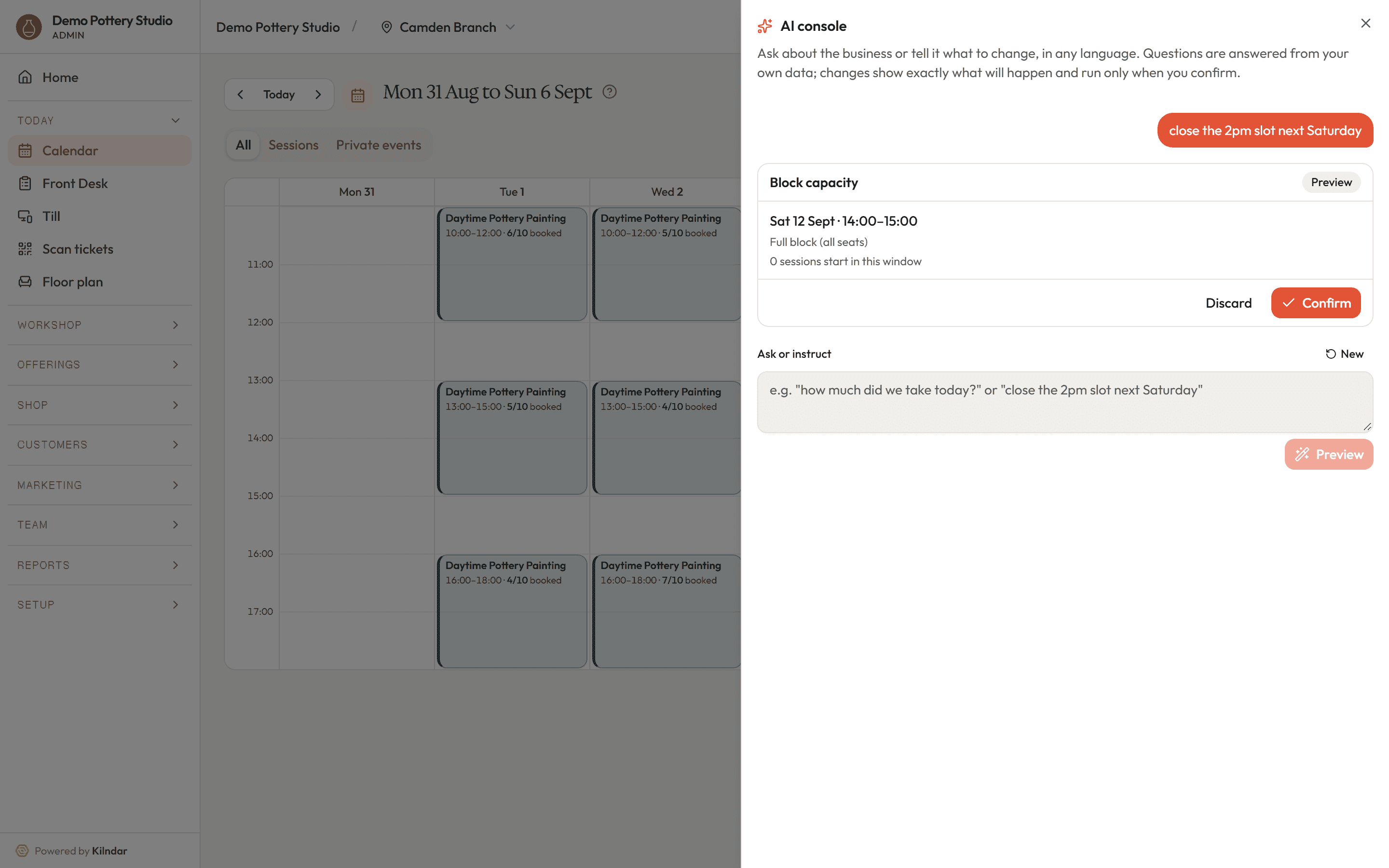 The AI console showing a capacity block preview with Discard and Confirm