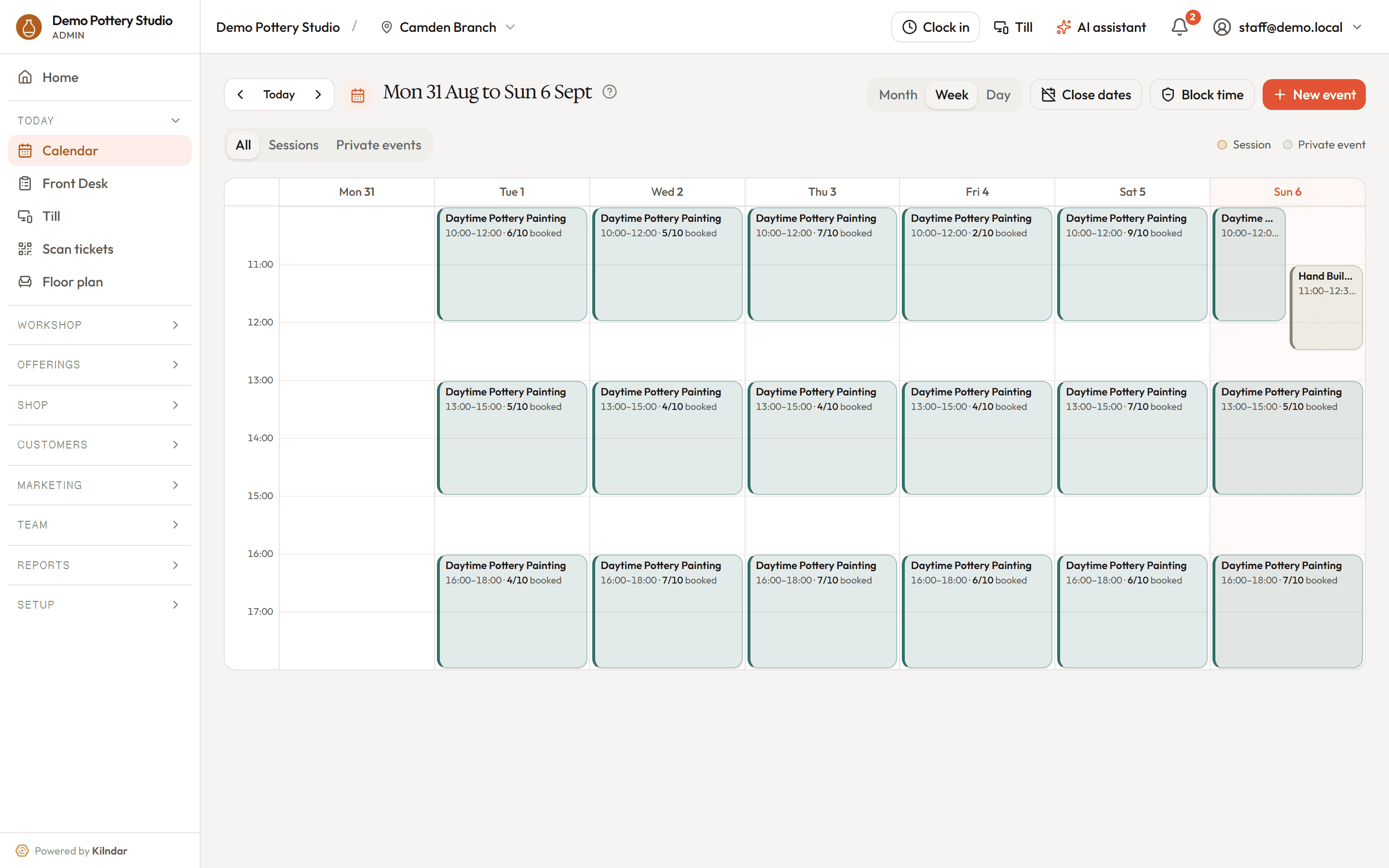 The operations calendar in week view, with the booked count on every session