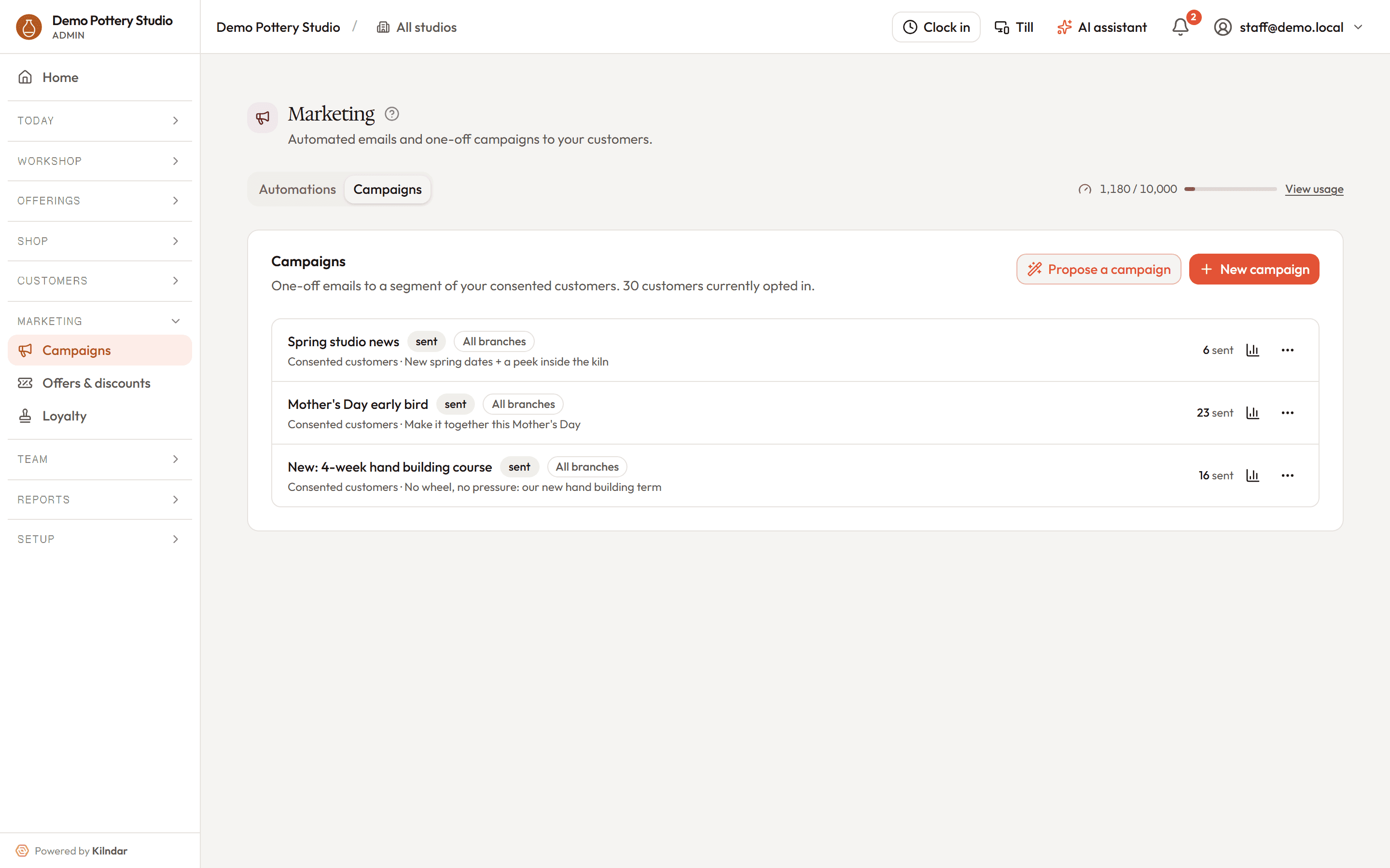 The marketing section: sent campaigns with their audience segments and delivery counts